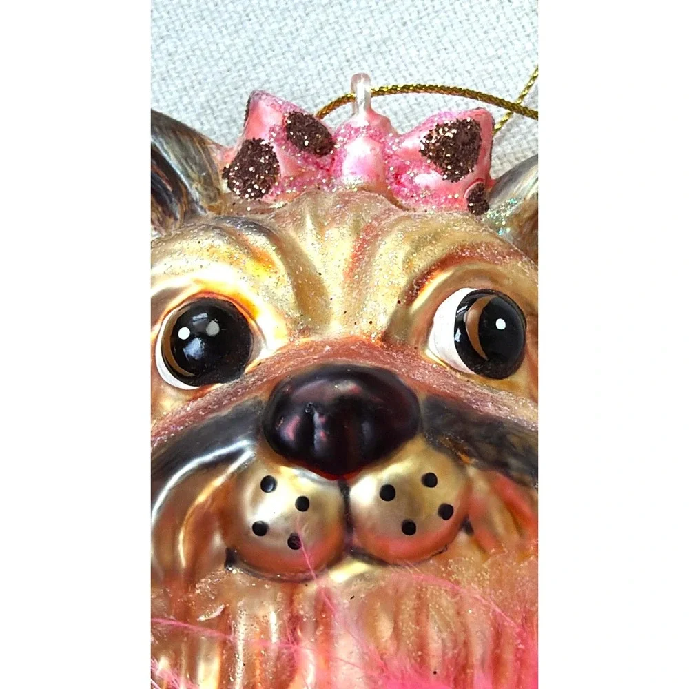 Blown Glass Yorkie Ornament Pink Diva Dog Girlie Holiday Bling